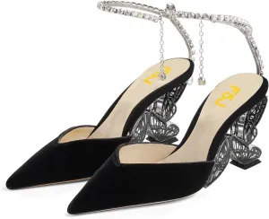 FSJ Women Butterfly Heel Crystal Chain Ankle Strap Heeled Sandals Sexy Pointed Toe Sparkling Rhinestones Holiday Dressy Shoes Size 4-15 US
