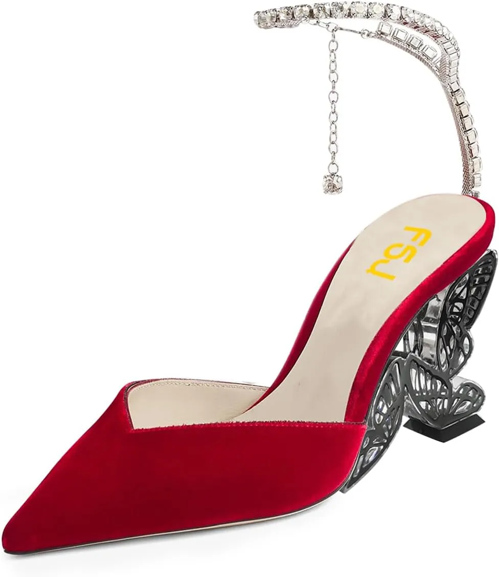 FSJ Women Butterfly Heel Crystal Chain Ankle Strap Heeled Sandals Sexy Pointed Toe Sparkling Rhinestones Holiday Dressy Shoes Size 4-15 US