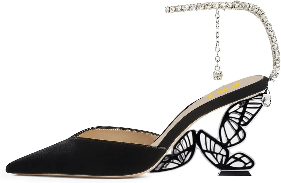 FSJ Women Butterfly Heel Crystal Chain Ankle Strap Heeled Sandals Sexy Pointed Toe Sparkling Rhinestones Holiday Dressy Shoes Size 4-15 US