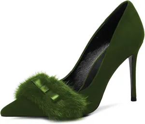 FSJ Women Chic Pointed Toe Stiletto High Heel Pumps Fur Fur Bow Slip On Elegant Custom Handmade Faux Suede Dress Party Shoes Size 4-15 US