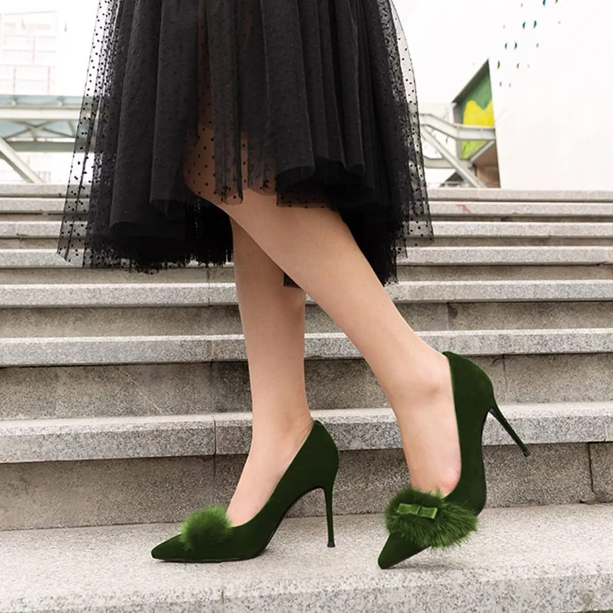 FSJ Women Chic Pointed Toe Stiletto High Heel Pumps Fur Fur Bow Slip On Elegant Custom Handmade Faux Suede Dress Party Shoes Size 4-15 US
