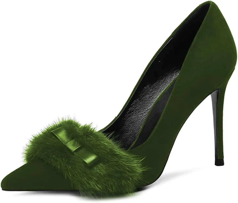 FSJ Women Chic Pointed Toe Stiletto High Heel Pumps Fur Fur Bow Slip On Elegant Custom Handmade Faux Suede Dress Party Shoes Size 4-15 US