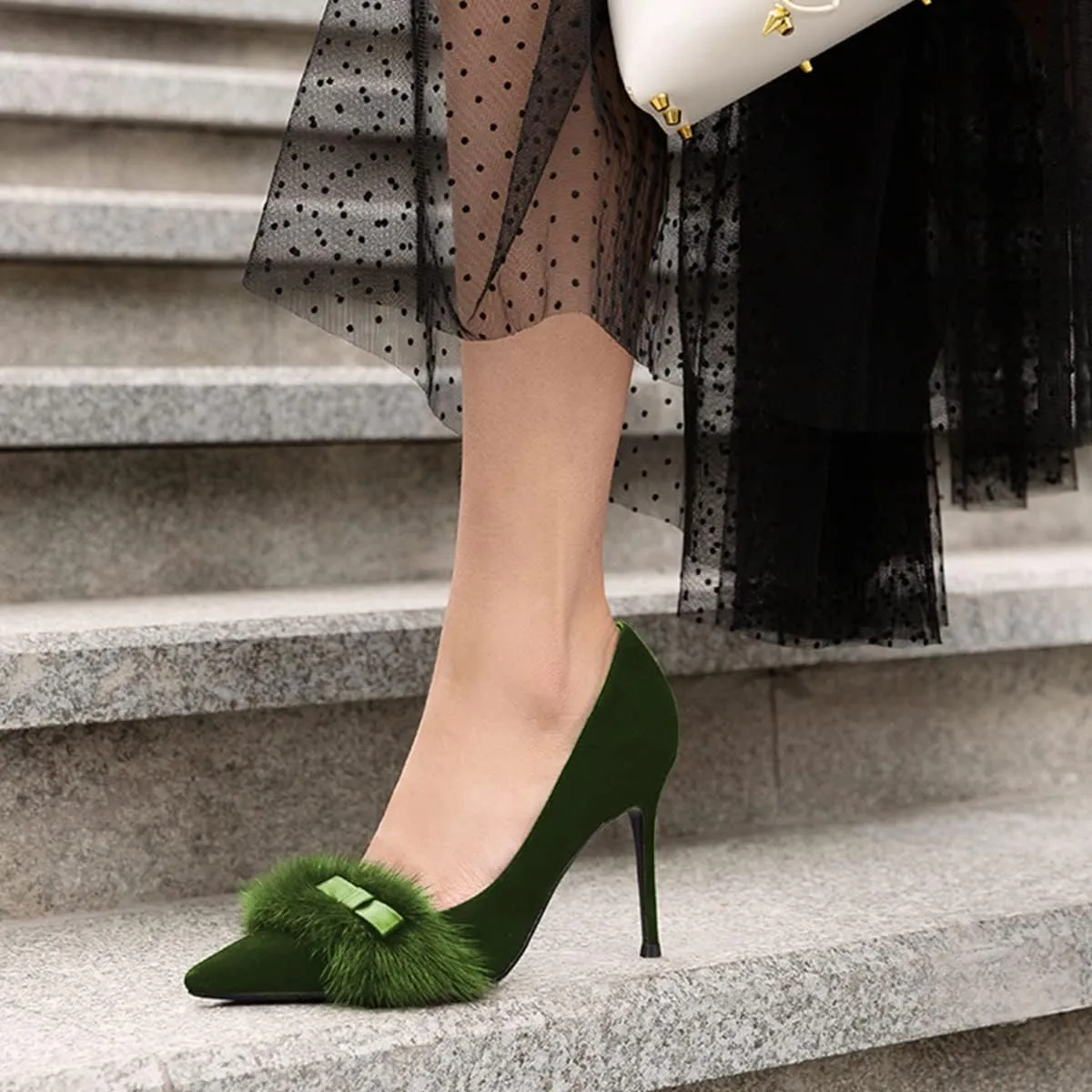 FSJ Women Chic Pointed Toe Stiletto High Heel Pumps Fur Fur Bow Slip On Elegant Custom Handmade Faux Suede Dress Party Shoes Size 4-15 US