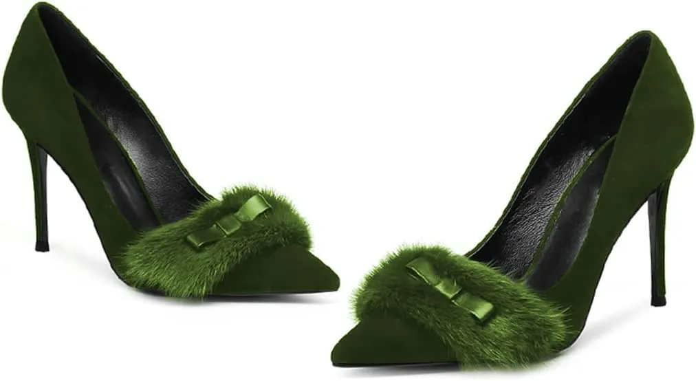 FSJ Women Chic Pointed Toe Stiletto High Heel Pumps Fur Fur Bow Slip On Elegant Custom Handmade Faux Suede Dress Party Shoes Size 4-15 US