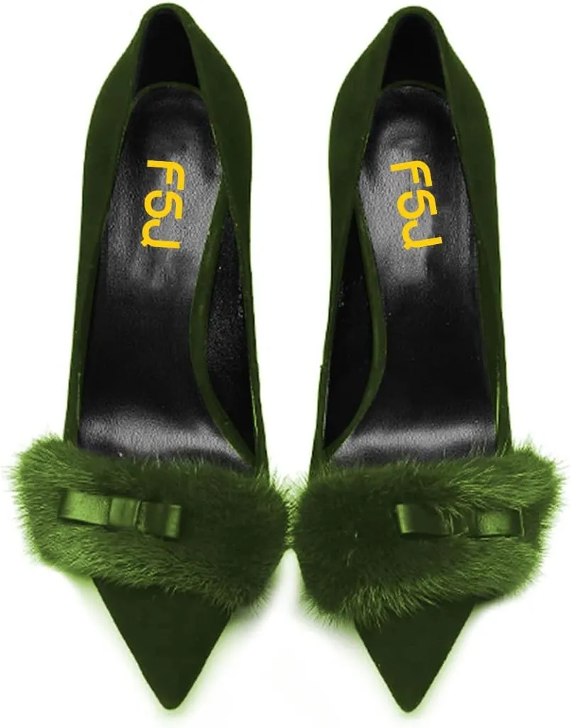 FSJ Women Chic Pointed Toe Stiletto High Heel Pumps Fur Fur Bow Slip On Elegant Custom Handmade Faux Suede Dress Party Shoes Size 4-15 US
