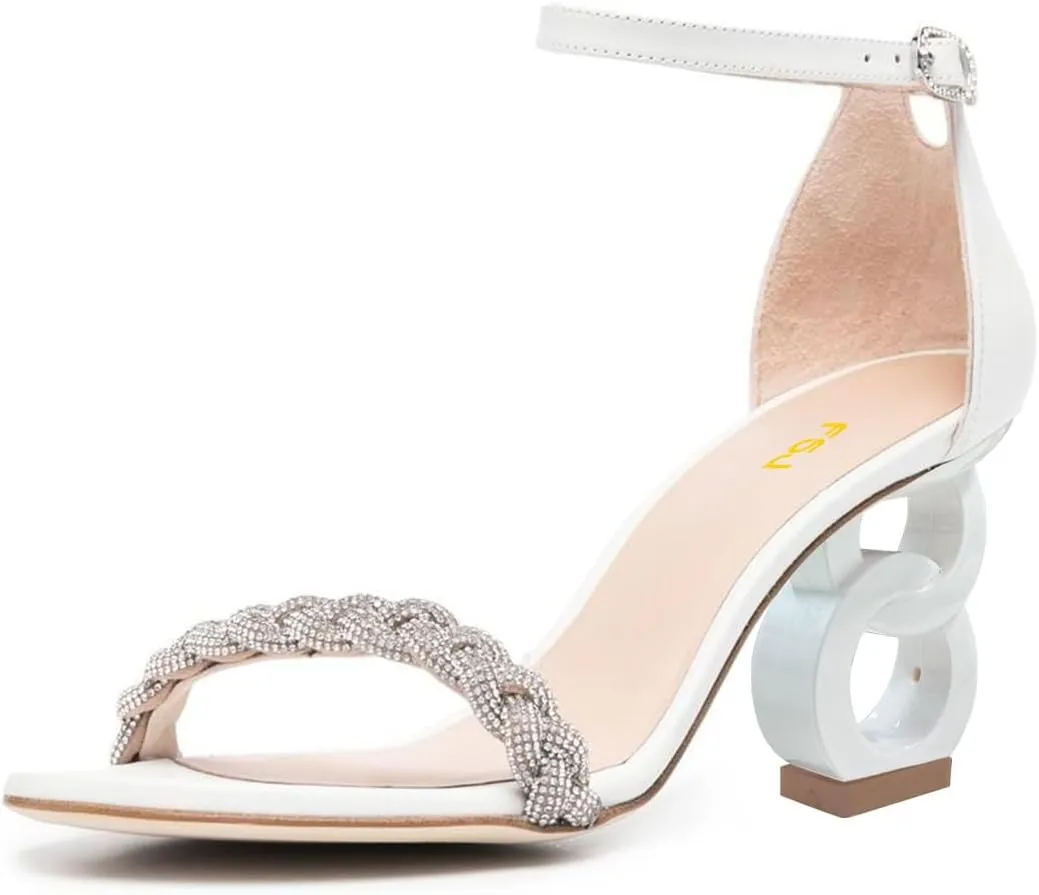 FSJ Women Cute Braided Heeled Sandals Rhinestones Open Toe Ankle Strap Chic Chain Block Chunky Mid Heel Party Wedding Dress Pumps Shoes Size 4-16 US