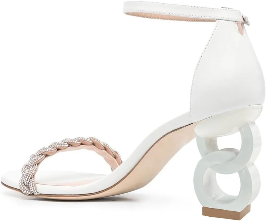 FSJ Women Cute Braided Heeled Sandals Rhinestones Open Toe Ankle Strap Chic Chain Block Chunky Mid Heel Party Wedding Dress Pumps Shoes Size 4-16 US
