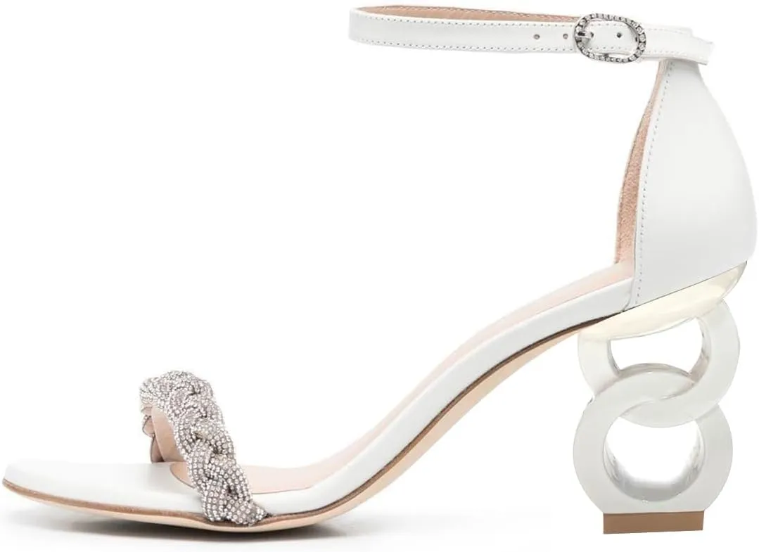 FSJ Women Cute Braided Heeled Sandals Rhinestones Open Toe Ankle Strap Chic Chain Block Chunky Mid Heel Party Wedding Dress Pumps Shoes Size 4-16 US