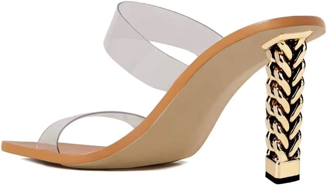 FSJ Women Double Strap Gold Metal Chain Heel Sandals Open Toe Clear PVC Slide Mules Slip On Backless Clogs Size 4-15 US