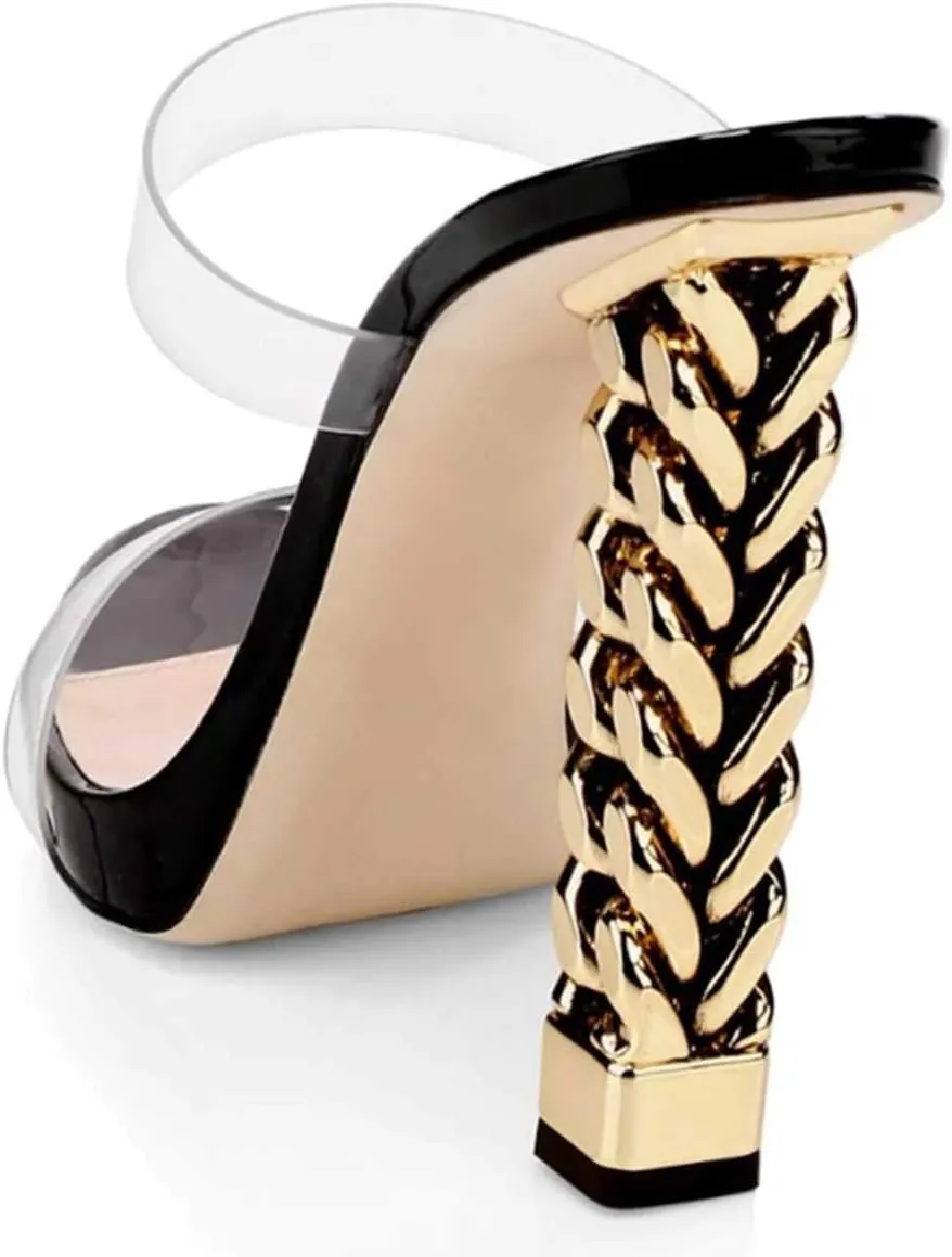 FSJ Women Double Strap Gold Metal Chain Heel Sandals Open Toe Clear PVC Slide Mules Slip On Backless Clogs Size 4-15 US