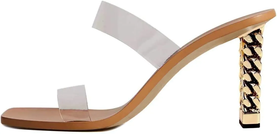 FSJ Women Double Strap Gold Metal Chain Heel Sandals Open Toe Clear PVC Slide Mules Slip On Backless Clogs Size 4-15 US