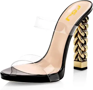 FSJ Women Double Strap Gold Metal Chain Heel Sandals Open Toe Clear PVC Slide Mules Slip On Backless Clogs Size 4-15 US
