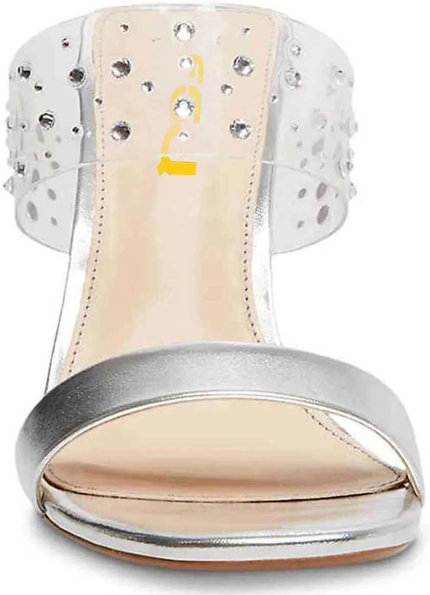 FSJ Women Double Strap Gold Metal Chain Heel Sandals Open Toe Clear PVC Slide Mules Slip On Backless Clogs Size 4-15 US
