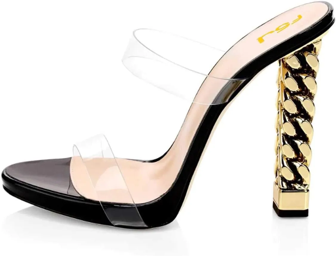 FSJ Women Double Strap Gold Metal Chain Heel Sandals Open Toe Clear PVC Slide Mules Slip On Backless Clogs Size 4-15 US
