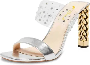FSJ Women Double Strap Gold Metal Chain Heel Sandals Open Toe Clear PVC Slide Mules Slip On Backless Clogs Size 4-15 US