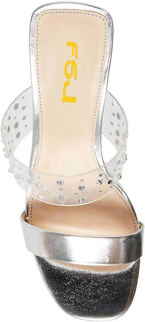 FSJ Women Double Strap Gold Metal Chain Heel Sandals Open Toe Clear PVC Slide Mules Slip On Backless Clogs Size 4-15 US