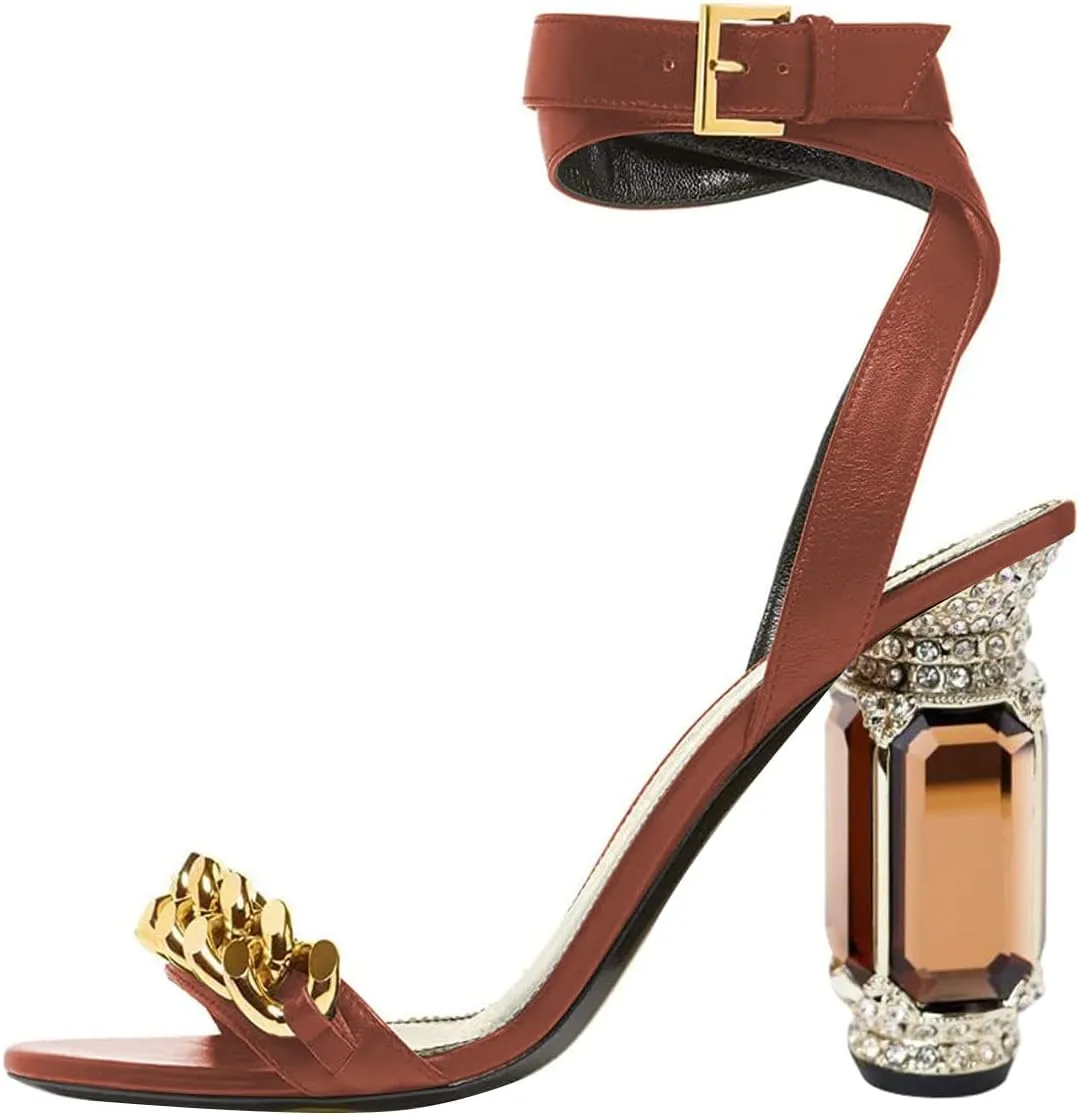 FSJ Women Gold Chain Crystal Chunky Block High Heel Ankle Strap Sandals Open Toe Fashion Dress Evening Party Shoes Size 4-16 US