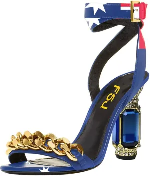 FSJ Women Gold Chain Crystal Chunky Block High Heel Ankle Strap Sandals Open Toe Fashion Dress Evening Party Shoes Size 4-16 US