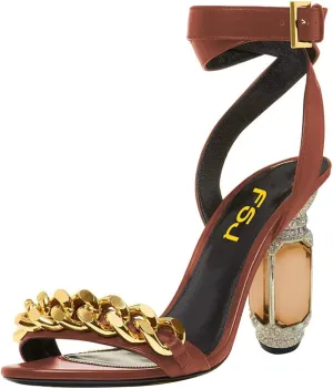 FSJ Women Gold Chain Crystal Chunky Block High Heel Ankle Strap Sandals Open Toe Fashion Dress Evening Party Shoes Size 4-16 US