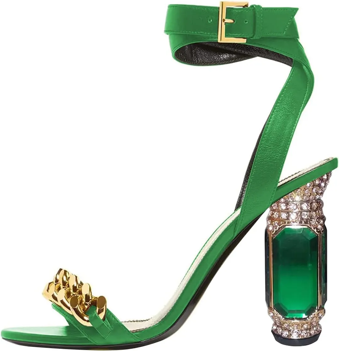 FSJ Women Gold Chain Crystal Chunky Block High Heel Ankle Strap Sandals Open Toe Fashion Dress Evening Party Shoes Size 4-16 US