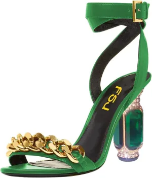 FSJ Women Gold Chain Crystal Chunky Block High Heel Ankle Strap Sandals Open Toe Fashion Dress Evening Party Shoes Size 4-16 US