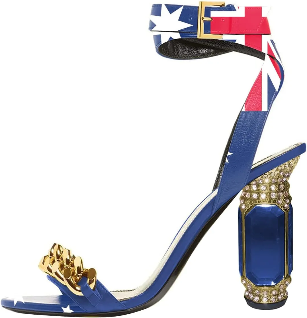 FSJ Women Gold Chain Crystal Chunky Block High Heel Ankle Strap Sandals Open Toe Fashion Dress Evening Party Shoes Size 4-16 US