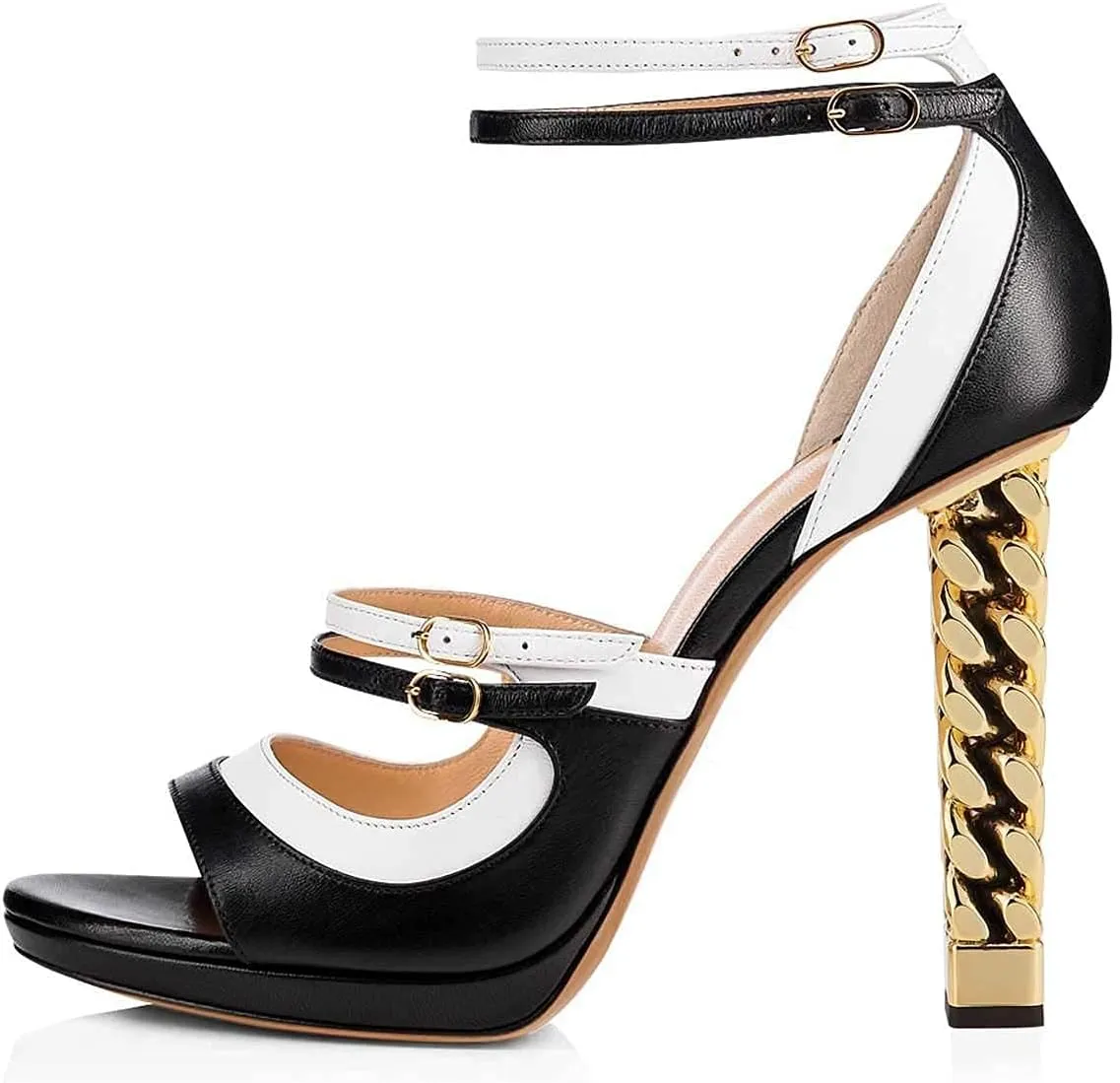 FSJ Women Gold Metal Chain Thick High Heel Sandals Open Toe Strappy Ankle Buckle Strap Slingback Comfy Summer Dress Pumps Black-white 4-15 US