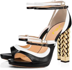 FSJ Women Gold Metal Chain Thick High Heel Sandals Open Toe Strappy Ankle Buckle Strap Slingback Comfy Summer Dress Pumps Black-white 4-15 US