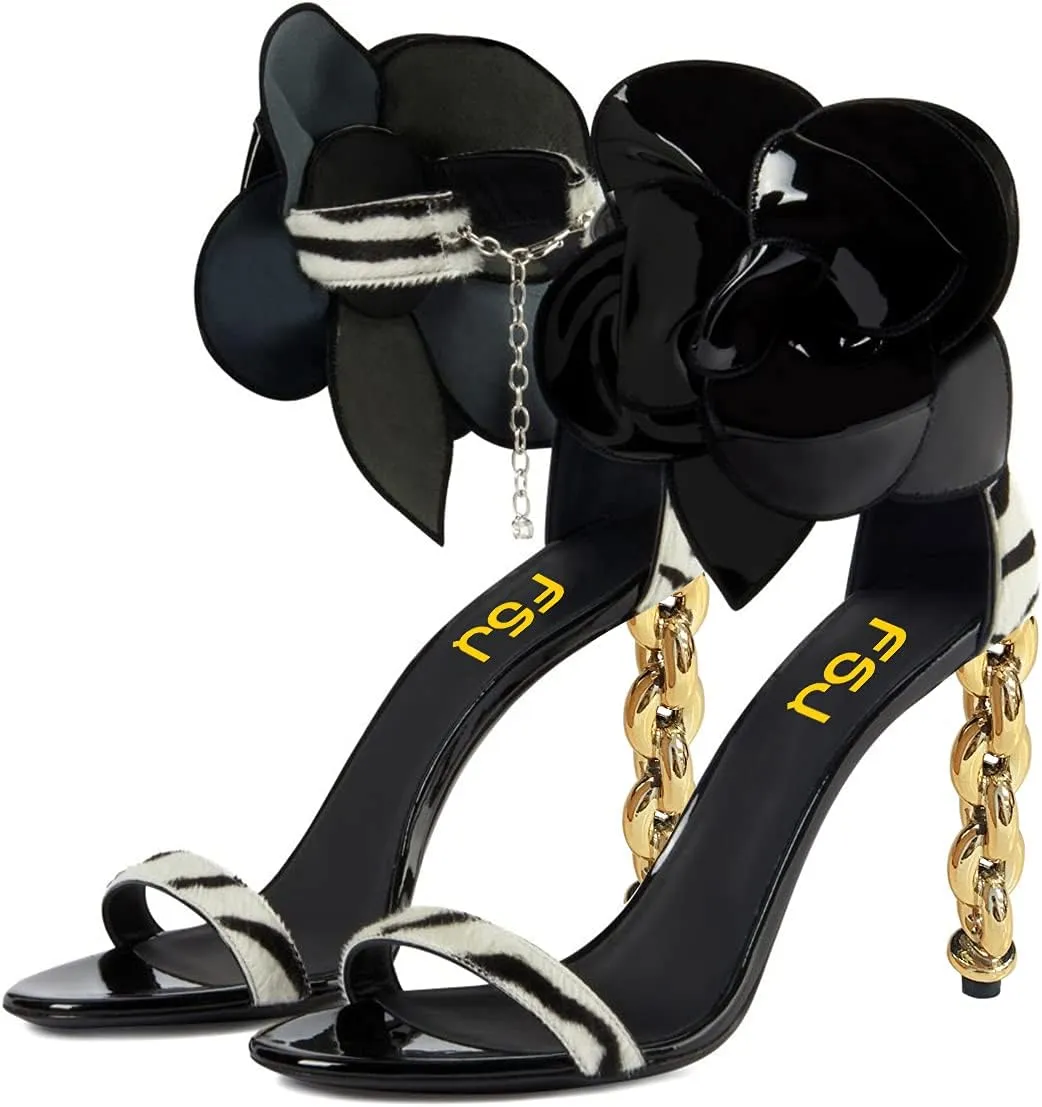 FSJ Women Open Toe Big Flower Gold Metal Chain High Heels Ankle Strap Pump Sandals Fashion Wedding Bride Shoes