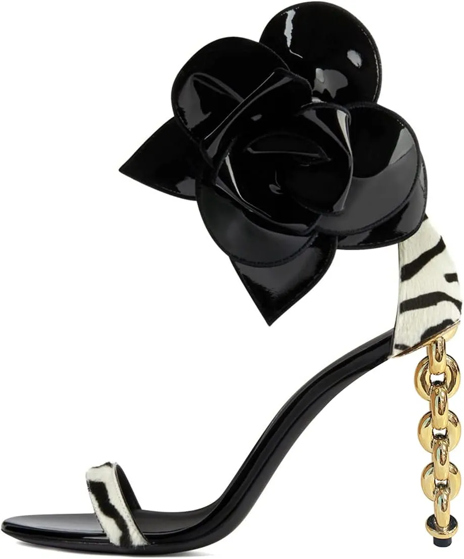 FSJ Women Open Toe Big Flower Gold Metal Chain High Heels Ankle Strap Pump Sandals Fashion Wedding Bride Shoes