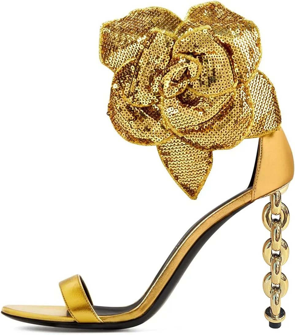 FSJ Women Open Toe Big Flower Gold Metal Chain High Heels Ankle Strap Pump Sandals Fashion Wedding Bride Shoes