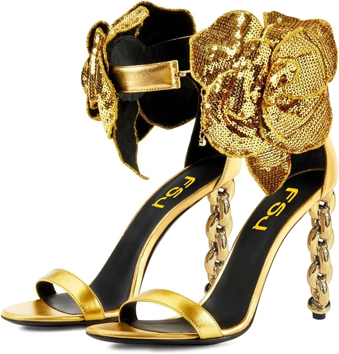 FSJ Women Open Toe Big Flower Gold Metal Chain High Heels Ankle Strap Pump Sandals Fashion Wedding Bride Shoes