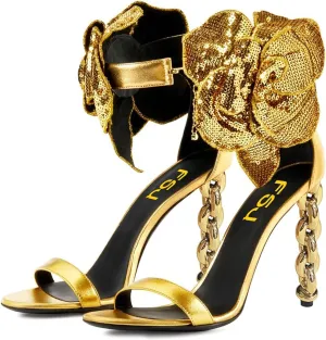 FSJ Women Open Toe Big Flower Gold Metal Chain High Heels Ankle Strap Pump Sandals Fashion Wedding Bride Shoes
