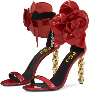 FSJ Women Open Toe Big Flower Gold Metal Chain High Heels Ankle Strap Pump Sandals Fashion Wedding Bride Shoes