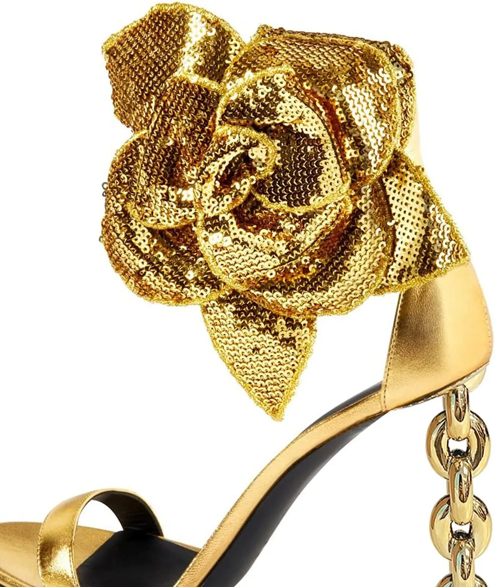 FSJ Women Open Toe Big Flower Gold Metal Chain High Heels Ankle Strap Pump Sandals Fashion Wedding Bride Shoes