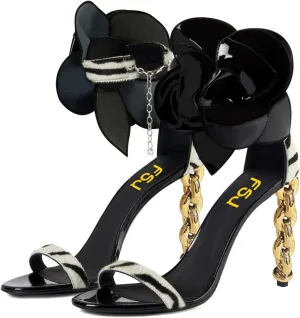 FSJ Women Open Toe Big Flower Gold Metal Chain High Heels Ankle Strap Pump Sandals Fashion Wedding Bride Shoes