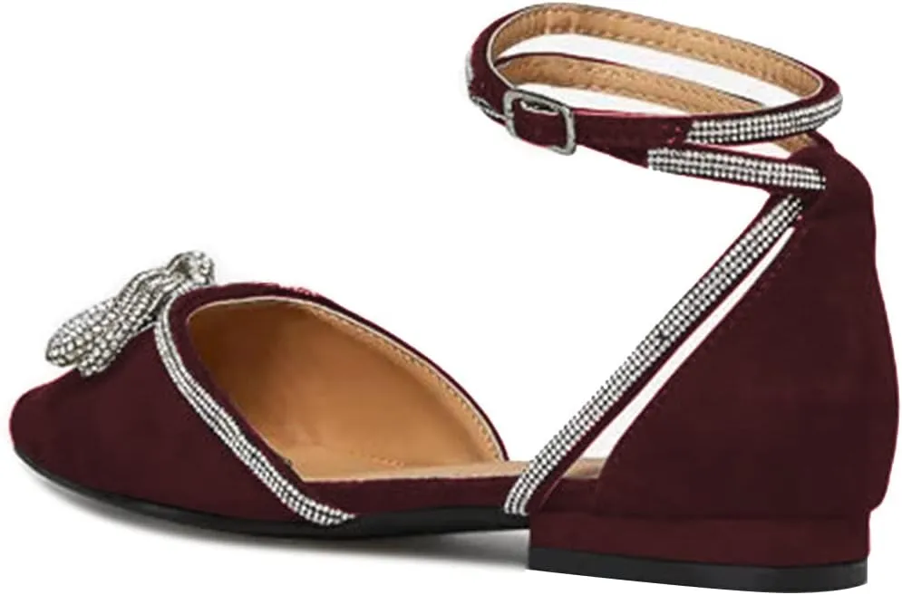 FSJ Women Pointed Toe Comfort Low Heel D'Orsay Casual Ballet Flats Rhinestones Bowknot Chain Ankle Strap Buckle Office Lace Up Dress Wedding Shoes Size 4-15 US