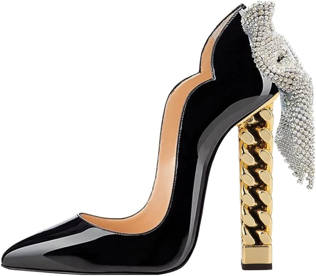 FSJ Women Sexy Gold Chunky Heel Pointed Toe Block High Heel Pumps Slip On Elegant Wedding Party Shoes Size 4-15 US