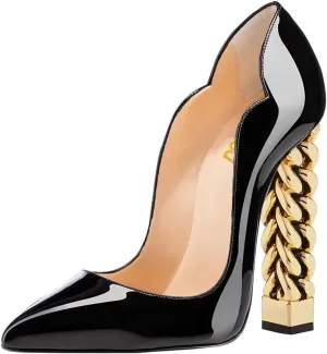 FSJ Women Sexy Gold Chunky Heel Pointed Toe Block High Heel Pumps Slip On Elegant Wedding Party Shoes Size 4-15 US