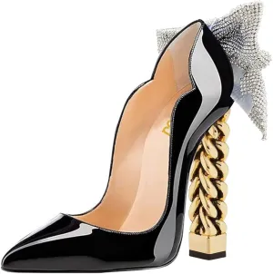 FSJ Women Sexy Gold Chunky Heel Pointed Toe Block High Heel Pumps Slip On Elegant Wedding Party Shoes Size 4-15 US