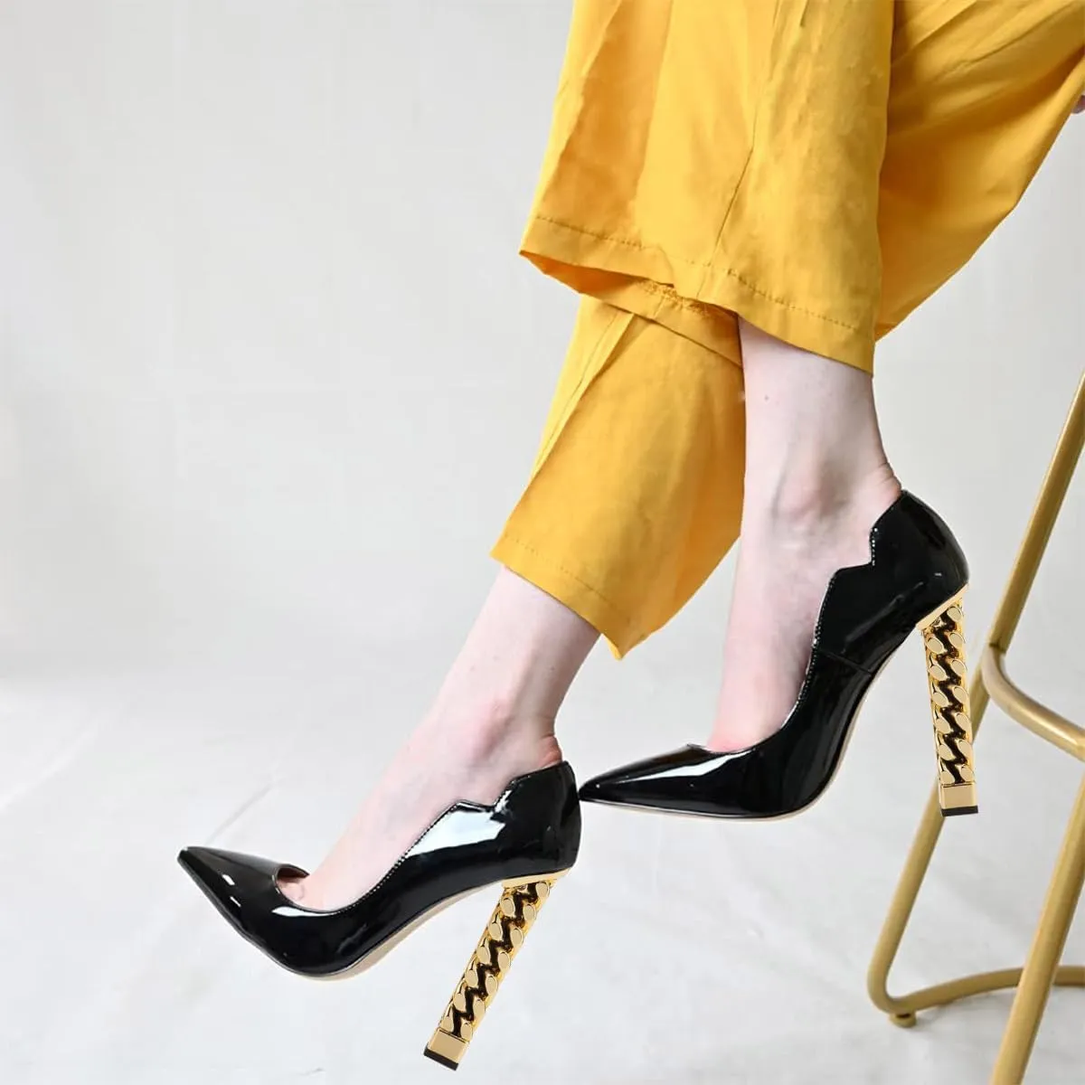 FSJ Women Sexy Gold Chunky Heel Pointed Toe Block High Heel Pumps Slip On Elegant Wedding Party Shoes Size 4-15 US