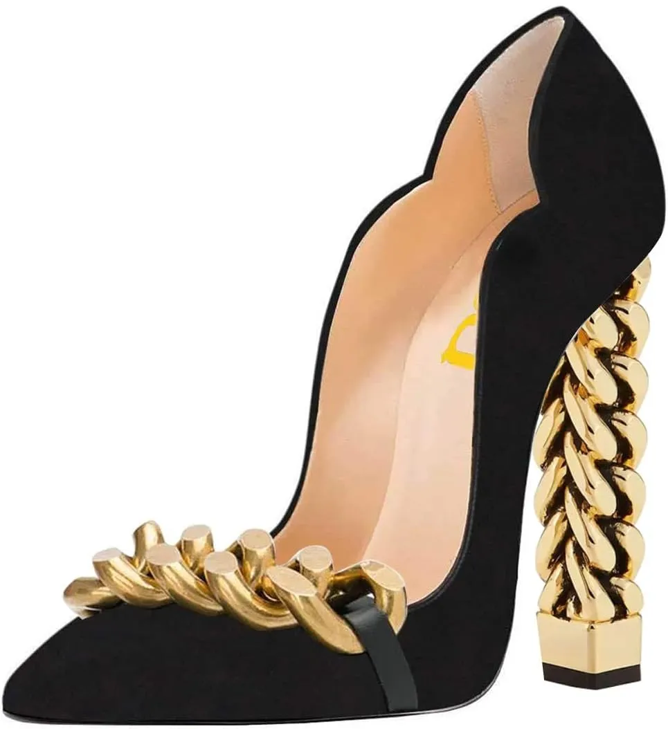 FSJ Women Sexy Gold Chunky Heel Pointed Toe Block High Heel Pumps Slip On Elegant Wedding Party Shoes Size 4-15 US