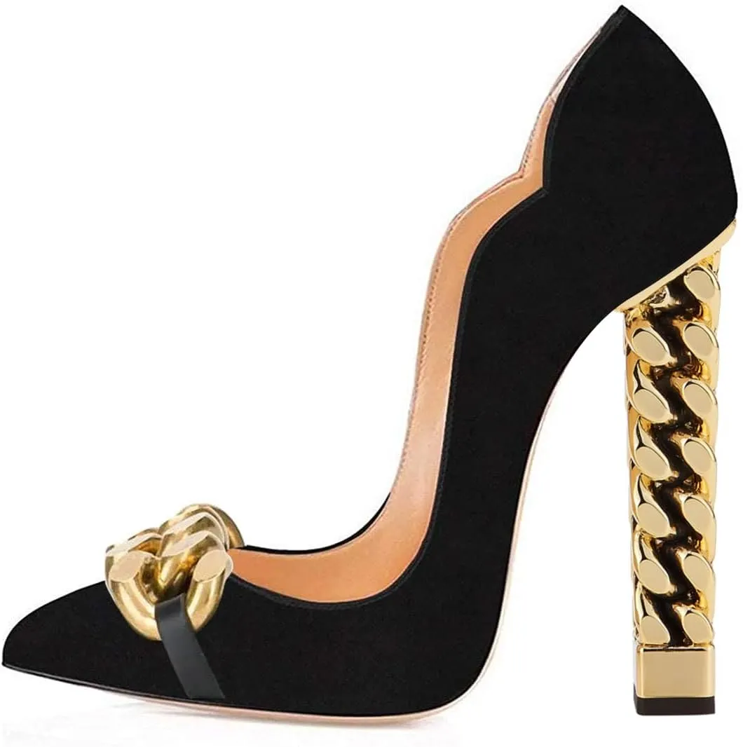 FSJ Women Sexy Gold Chunky Heel Pointed Toe Block High Heel Pumps Slip On Elegant Wedding Party Shoes Size 4-15 US