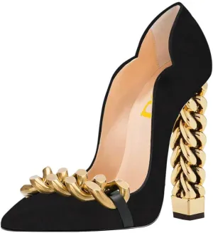 FSJ Women Sexy Gold Chunky Heel Pointed Toe Block High Heel Pumps Slip On Elegant Wedding Party Shoes Size 4-15 US