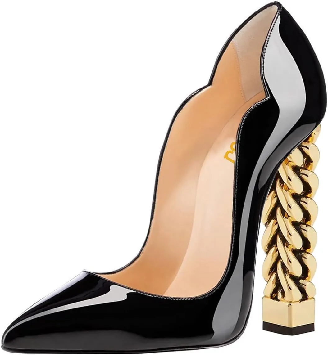 FSJ Women Sexy Gold Chunky Heel Pointed Toe Block High Heel Pumps Slip On Elegant Wedding Party Shoes Size 4-15 US
