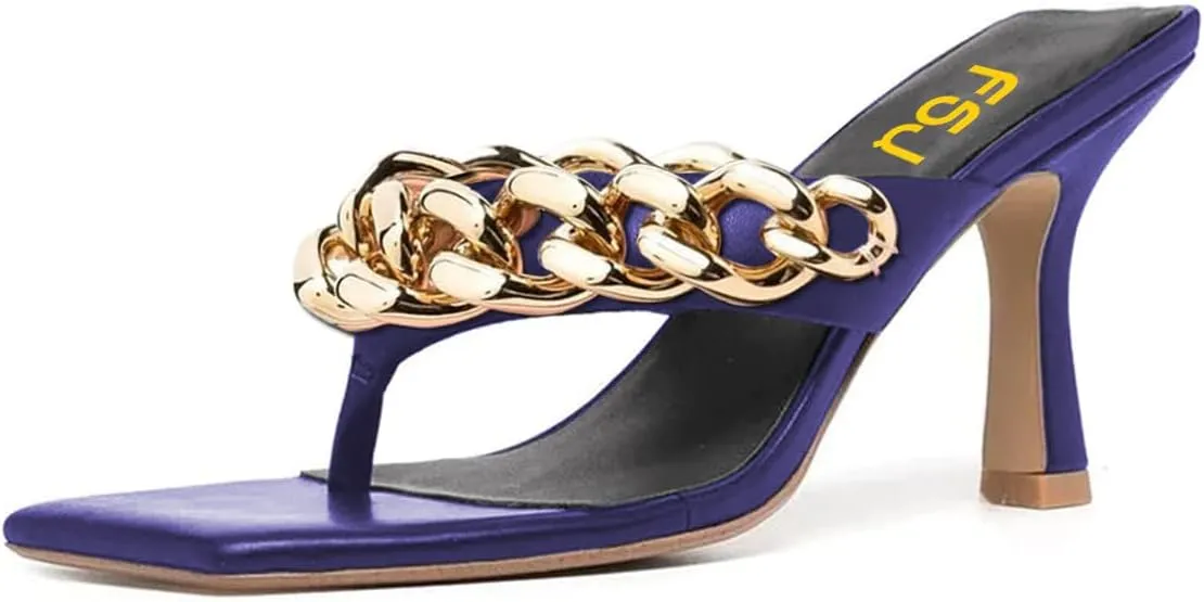 FSJ Women Sexy Square Toe Kitten Heel Thong Dress Sandal Slip On Chain Buckle Summer Party Slide Shoes Size 4-15 US