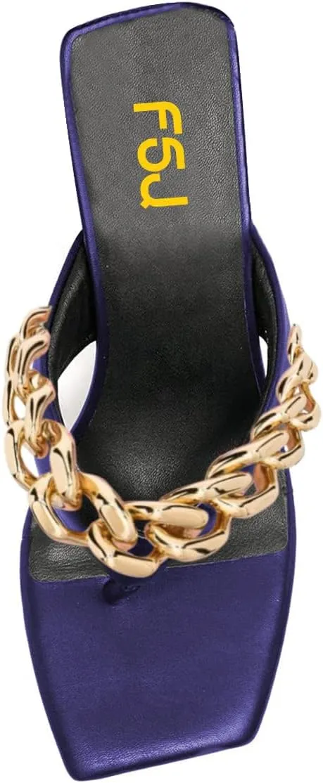 FSJ Women Sexy Square Toe Kitten Heel Thong Dress Sandal Slip On Chain Buckle Summer Party Slide Shoes Size 4-15 US