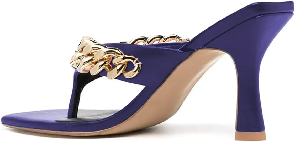 FSJ Women Sexy Square Toe Kitten Heel Thong Dress Sandal Slip On Chain Buckle Summer Party Slide Shoes Size 4-15 US