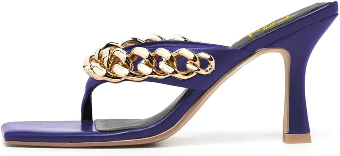 FSJ Women Sexy Square Toe Kitten Heel Thong Dress Sandal Slip On Chain Buckle Summer Party Slide Shoes Size 4-15 US