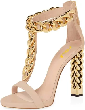 FSJ Women Sexy T-Strap Gold Metal Chain Chunky High Heel Sandal Open Toe Ankle Strap Pump Back Zipper Bridal Wedding Party Shoes Size 4-15 US